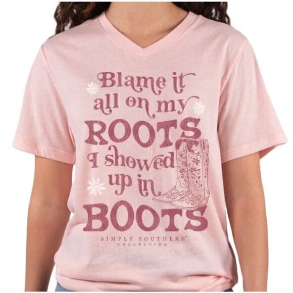 SIMPLY SOUTHERN SMALL “Blame it on My Roots I showed up in Boots” V-Neck TShirt - Picture 5 of 5